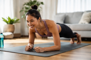 home workout plank di ruang tamu