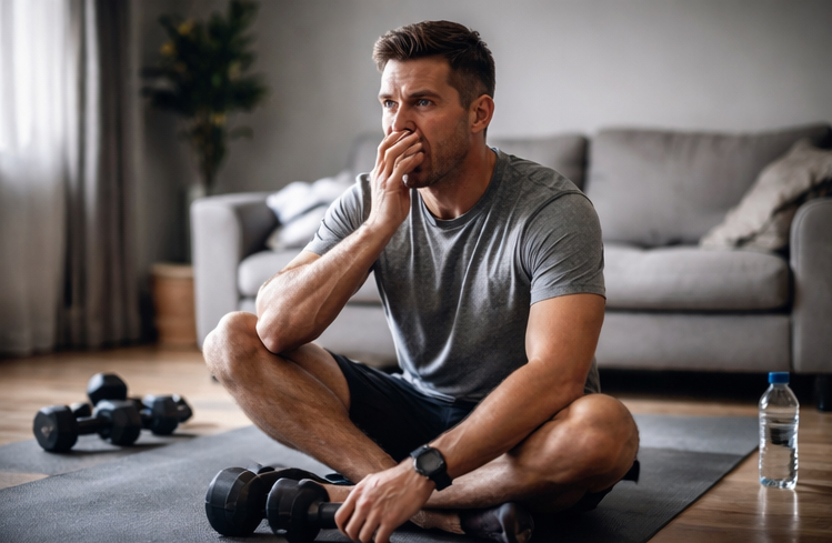 "tired man sitting on workout mat at home"