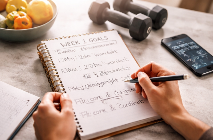 home workout plan notebook and schedule