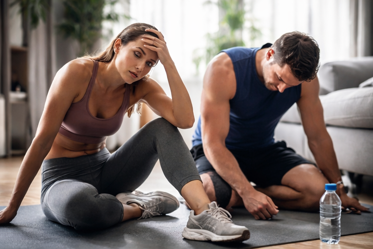 "exhausted couple after home workout session"