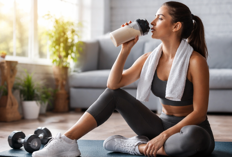 drinking protein shake after home workout